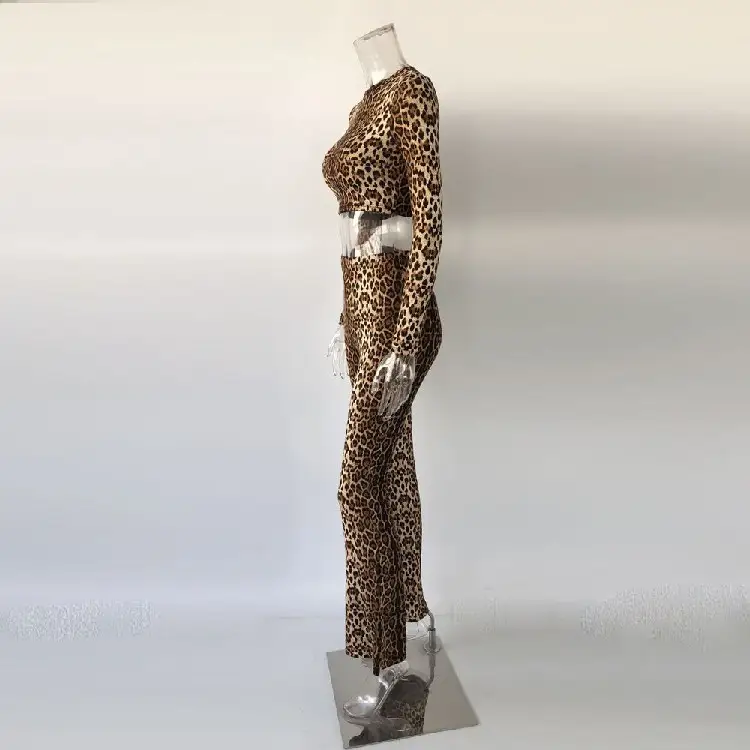 Sexy Leopard Crew Top Flare Pants Set