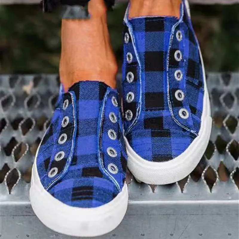 Women's flat bottom Plaid canvas shoes - Blue