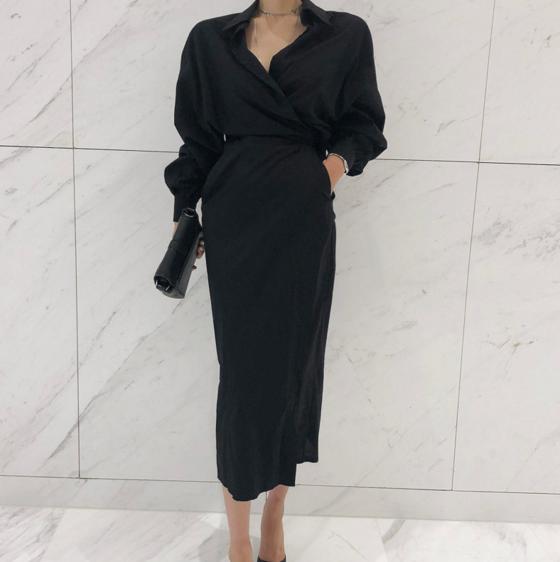 Large V-neck lace-up tunic bat sleeve dress