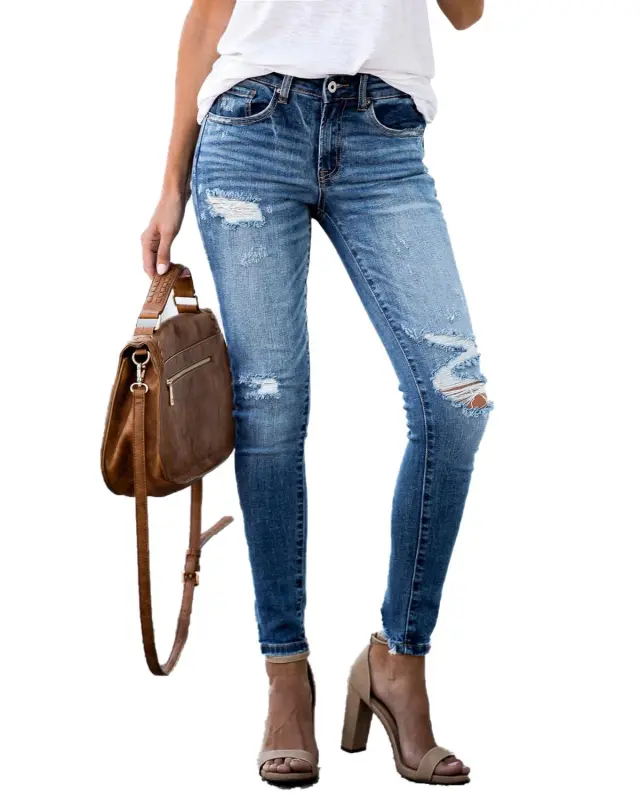 Slim knee ripped denim pants Blue - Shop at LoveMi