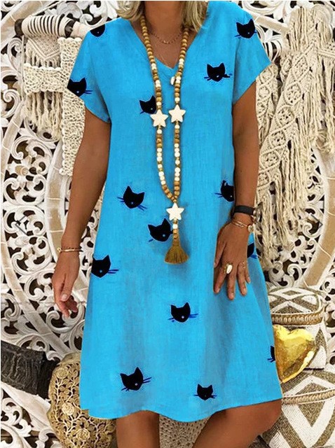 Cat print V-neck short sleeve dress