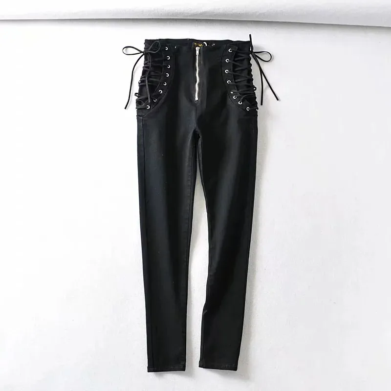 Double tie rope high waist jeans - Black