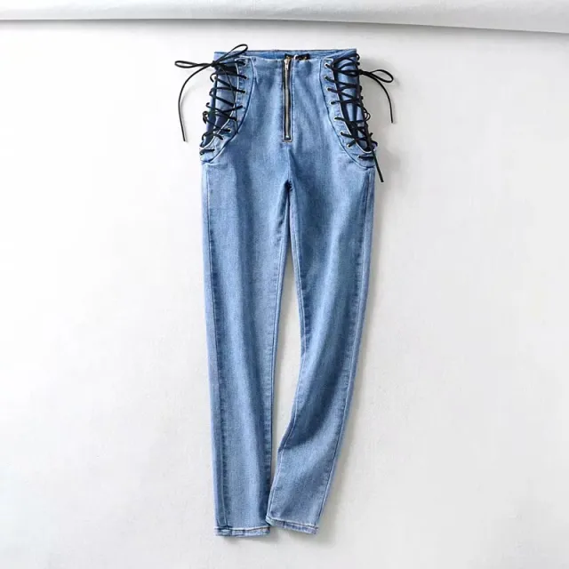 Double tie rope high waist jeans Blue - Shop at LoveMi