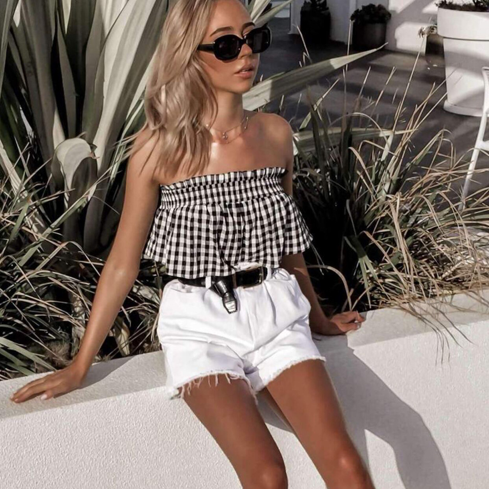 Women's plaid ruffled tube top