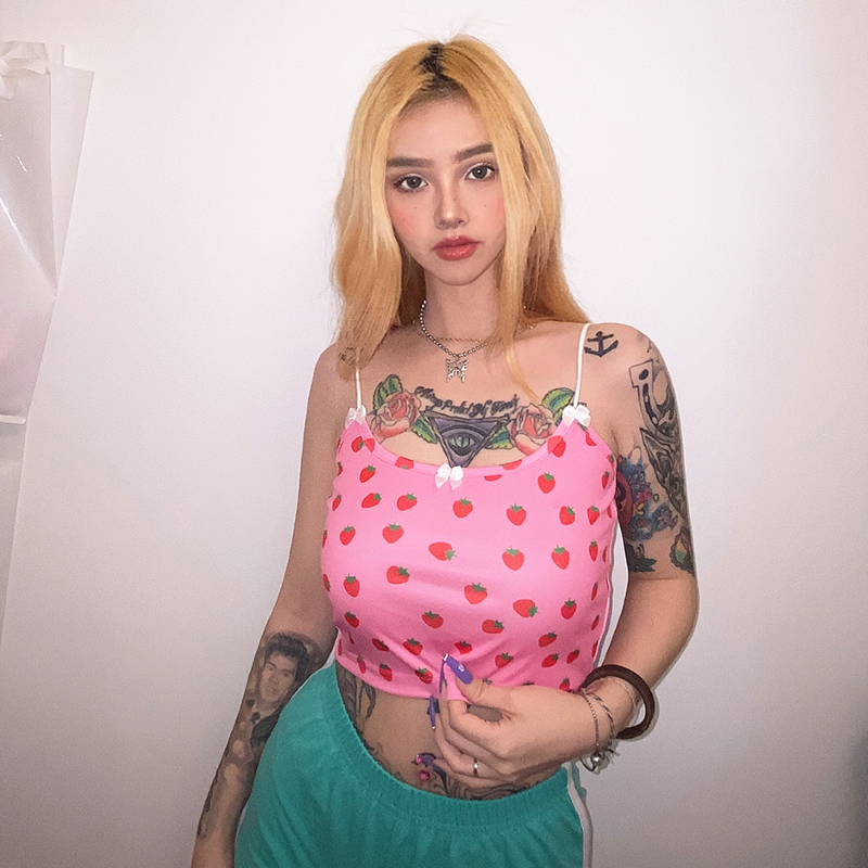 Cute girl heart strawberry print suspenders