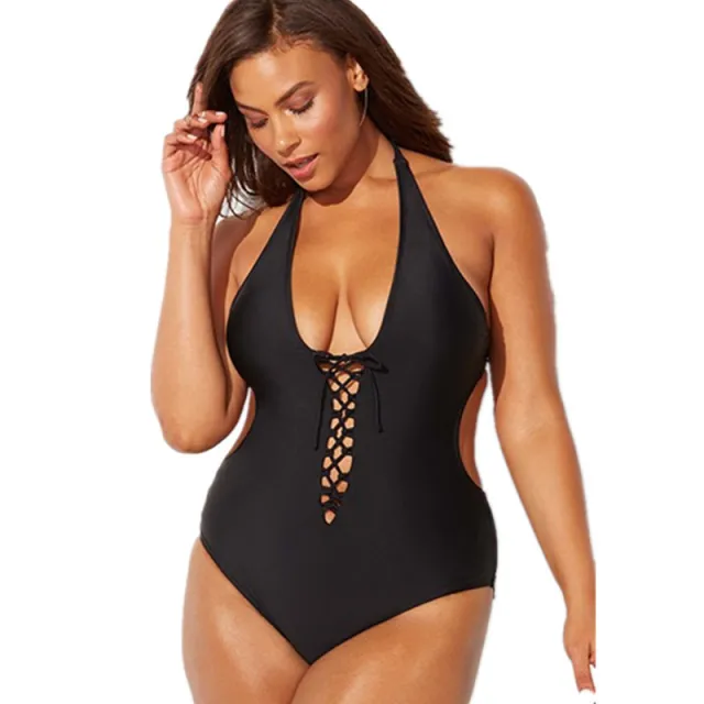 Solid color lanyard with lanyard and fat one piece swimsuit Black - Shop at LoveMi
