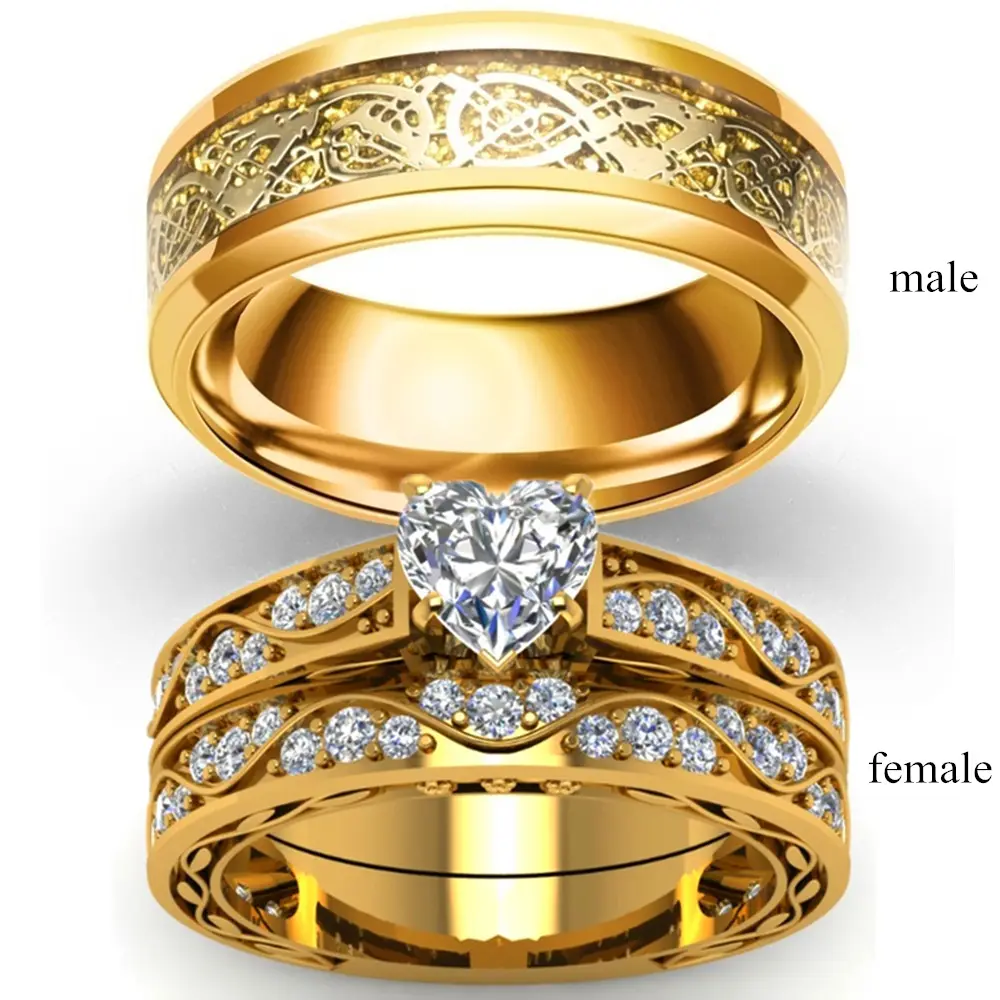 Couple Ring with Zircon Golden Dragon