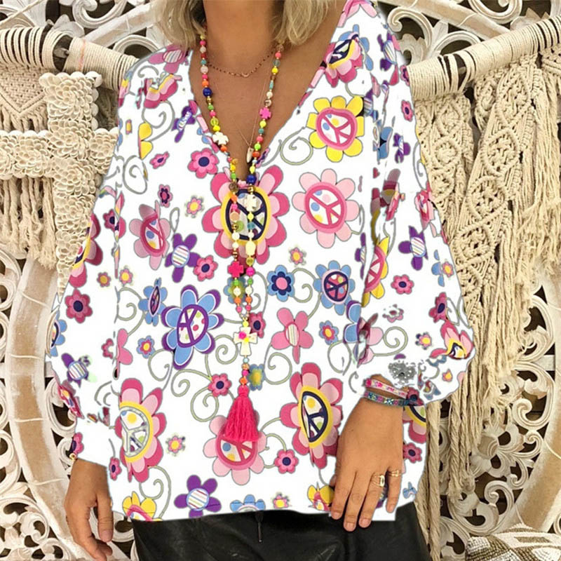 Oversized slim loose top European and American V-neck print T-shirt