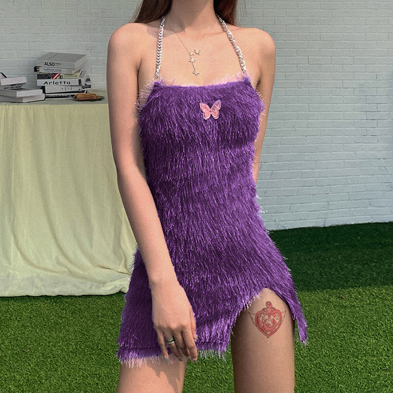 Purple bag hip split dress