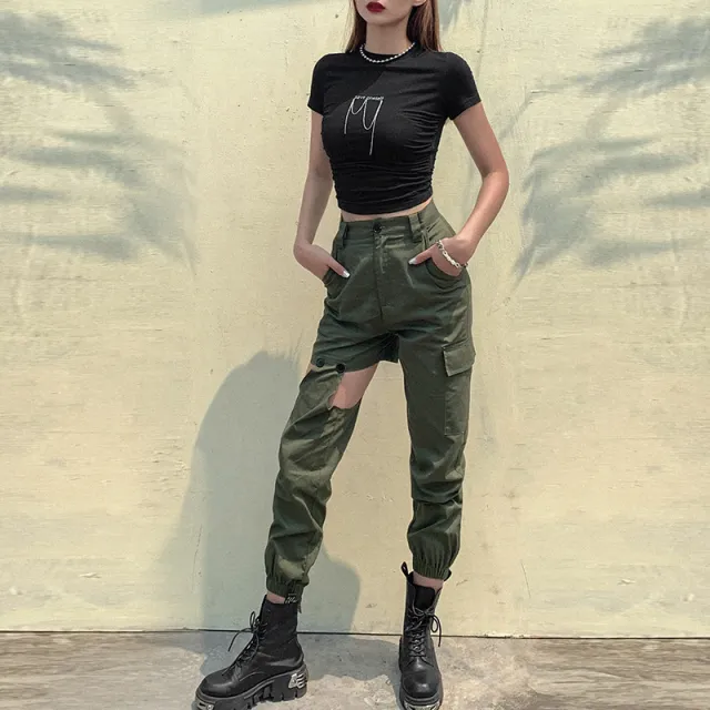 Irregular stitching casual pants pocket harem pants overalls Armygreen - Shop at LoveMi