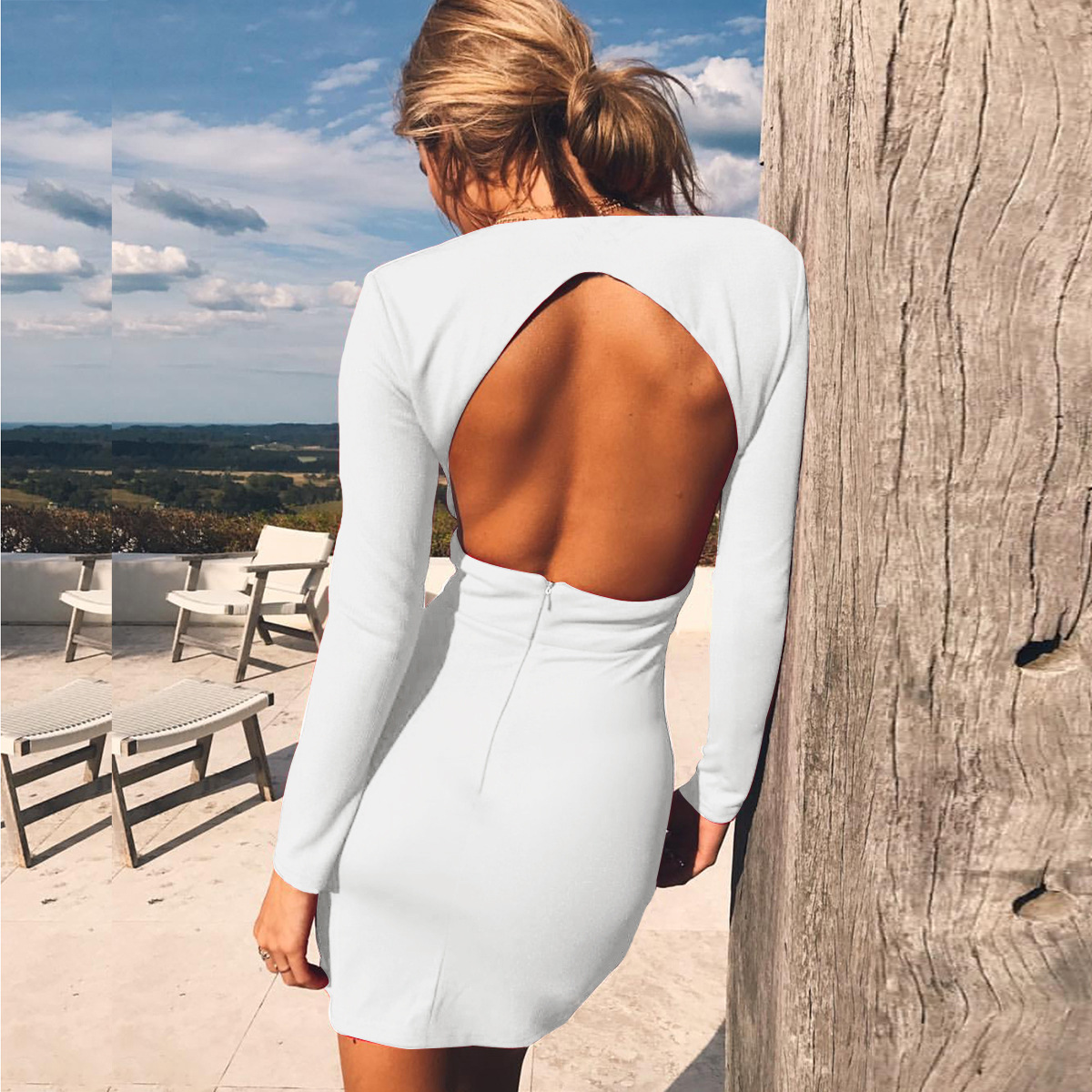 Deep V backless autumn and winter new dress