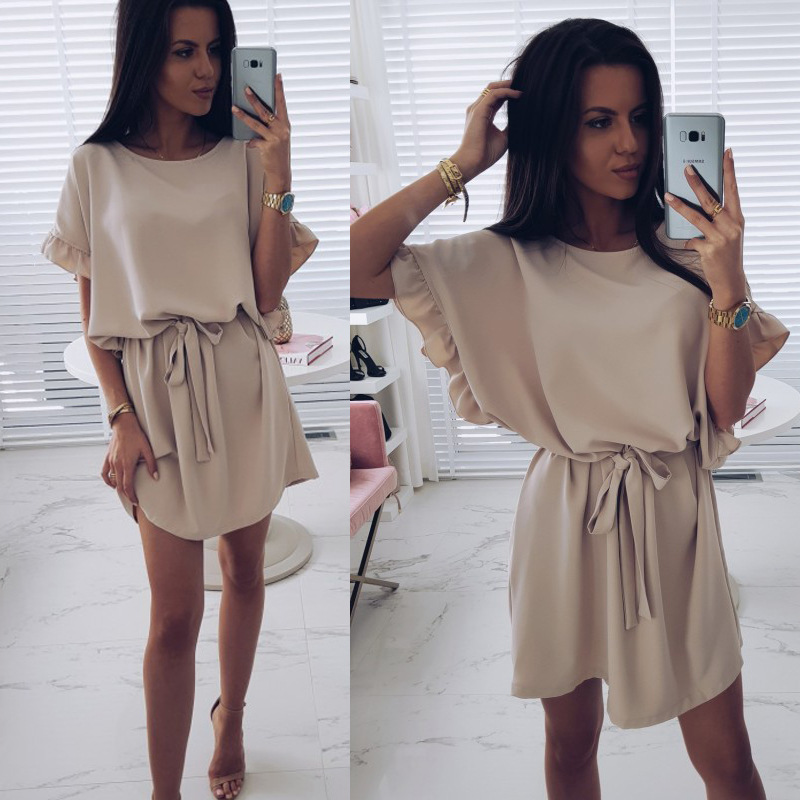 Ruffled round neck solid color dress