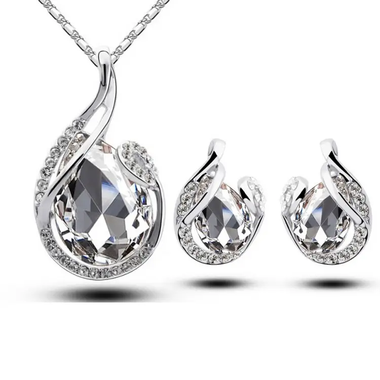 3pcs Rhinestone Necklace Set with Earrings Fashion Water-drop-shaped Jewelry