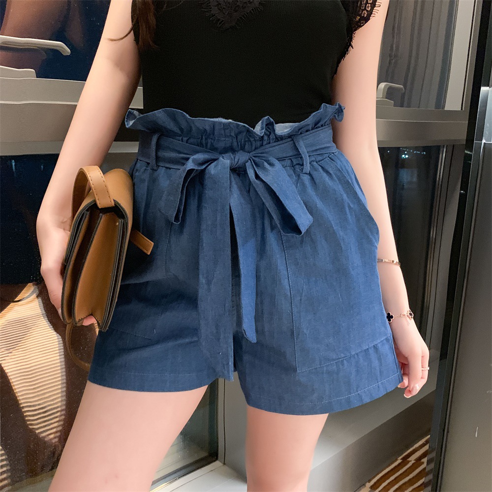 European and American wooden ear A word shorts have a belt Navy - Shop at LoveMi