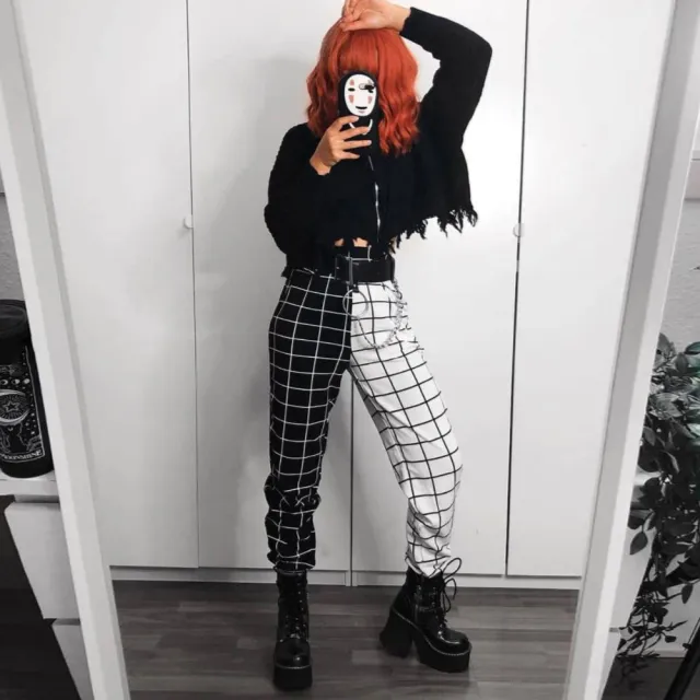 Contrast checkerboard high waist casual trousers White - Shop at LoveMi