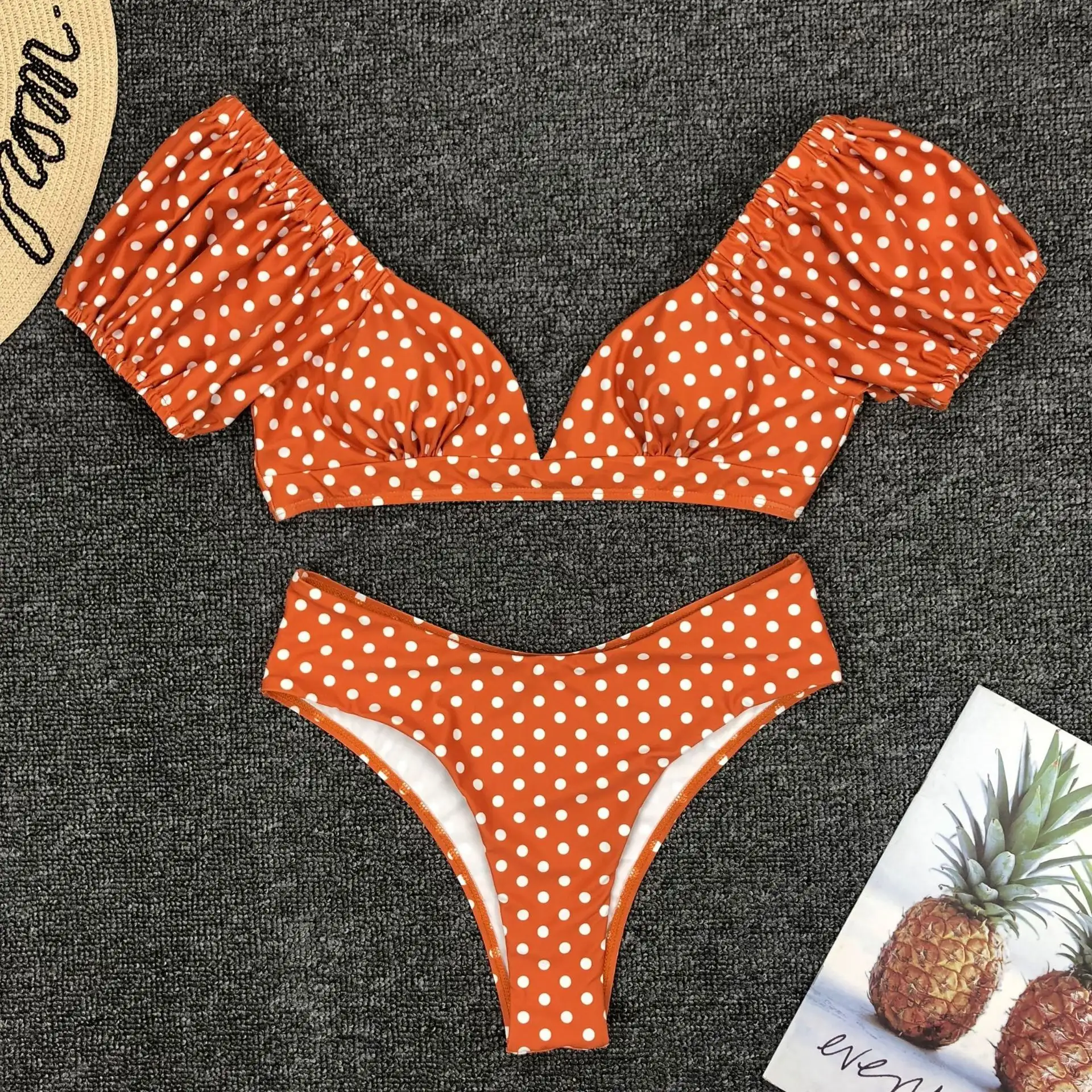 Bubble sleeve polka dot V-neck bikini