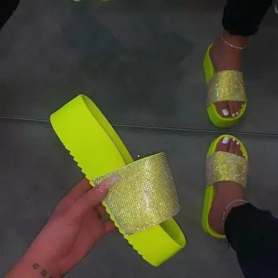 Thick bottom rhinestone home slippers - Yellow