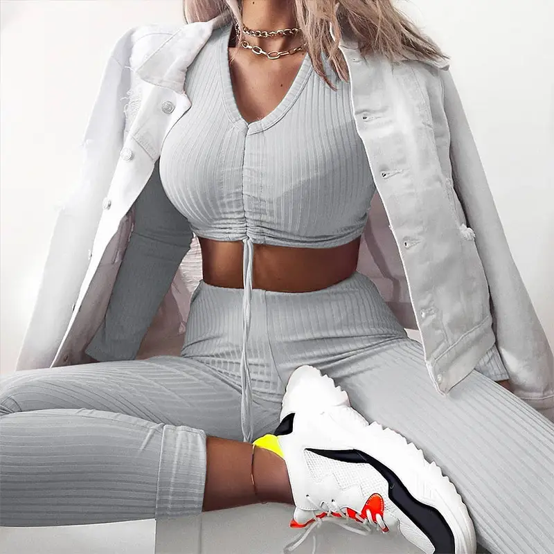 Two piece set of drawstring pit stripe V-neck T-shirt trousers