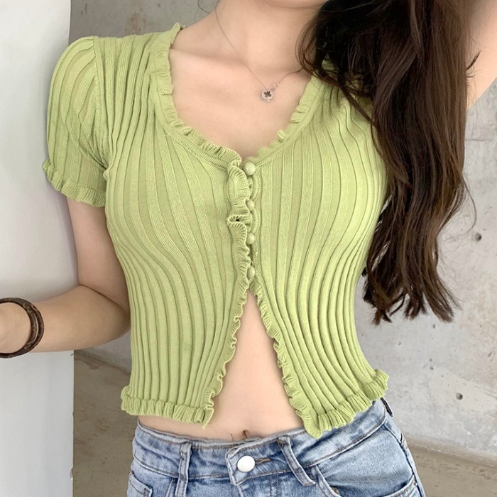 V-neck thread slim knit top