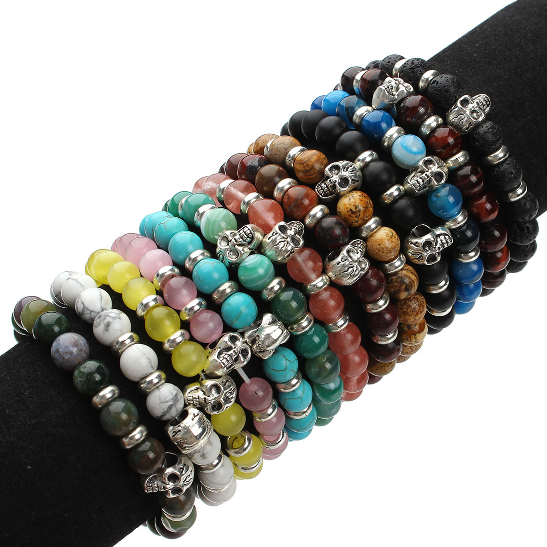 Black volcanic stone beads ancient silver skull bracelet