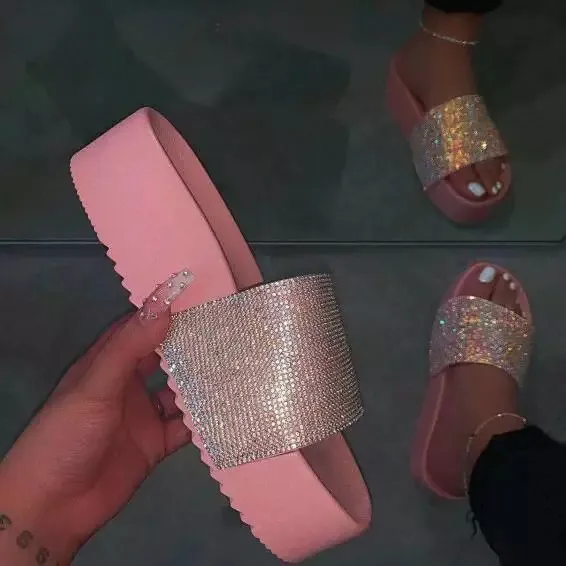 Thick bottom rhinestone home slippers - Pink
