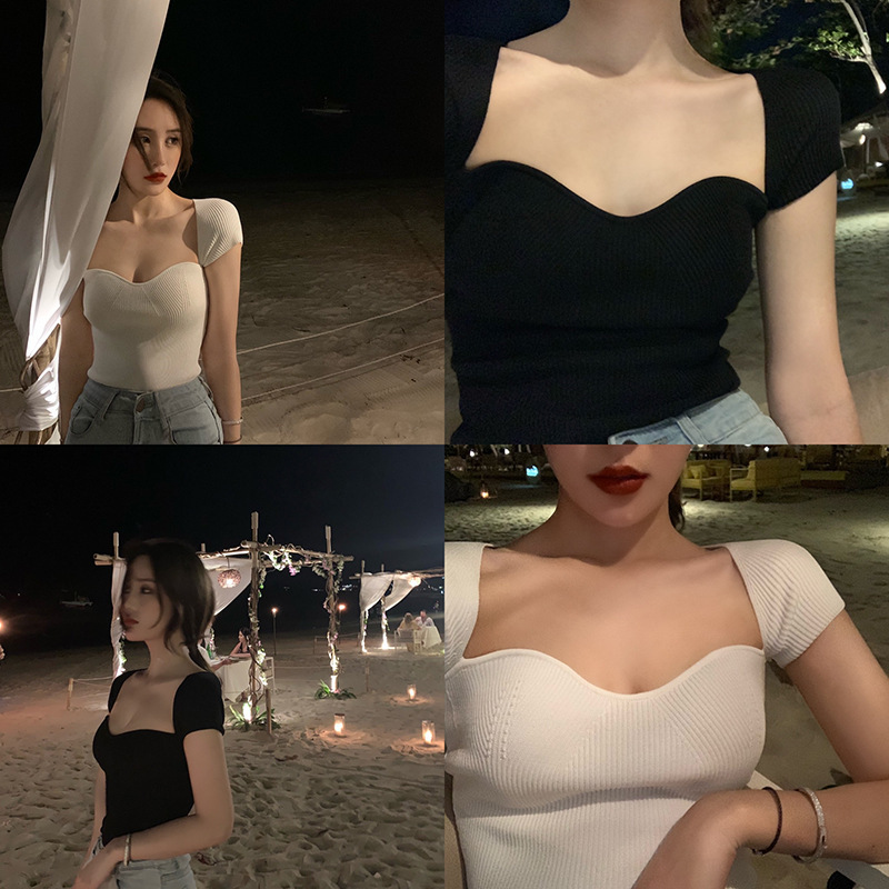 Curved chest slim-fit knitted T-shirt