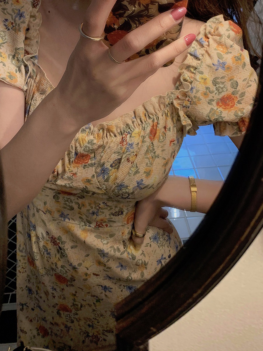 Gentle print dress with oil painting