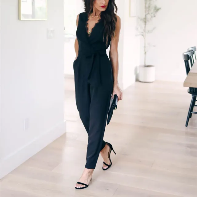 Lace lace up pocket female jumpsuit Black - Shop at LoveMi