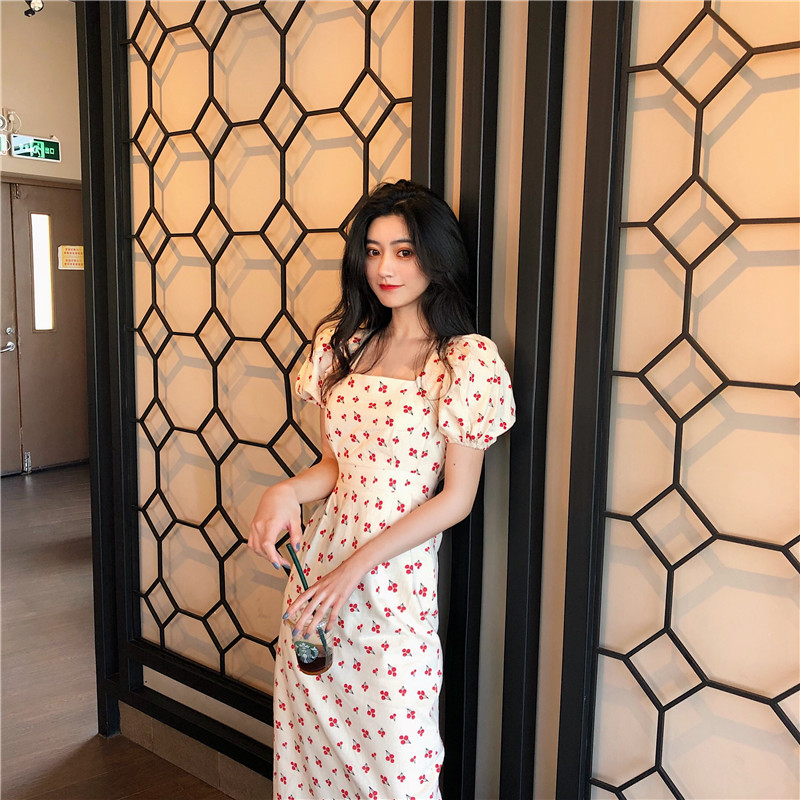 Puff sleeve little cherry print dress