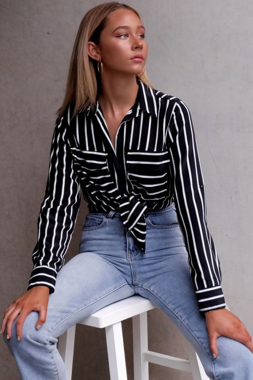 Sexy vertical stripe shirt V-Neck long sleeve top female