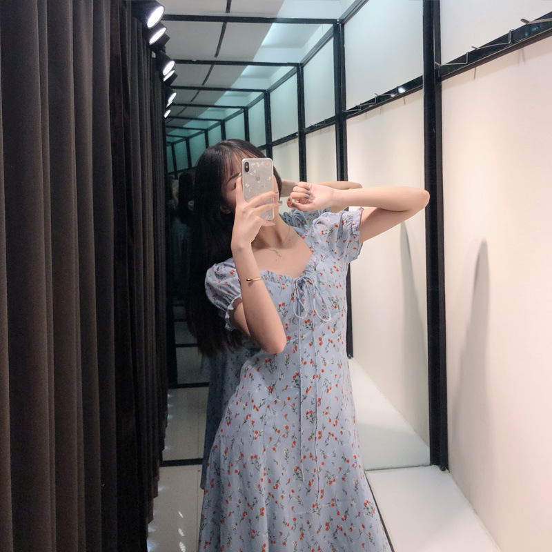 French Terrier Orange Blue Floral Dress