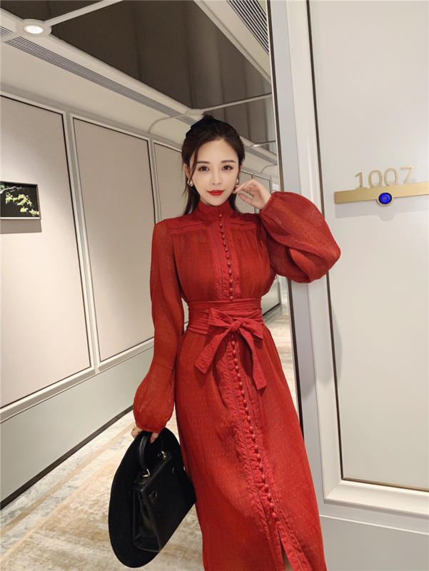 Long slim dress with pleated polka dot embroidery