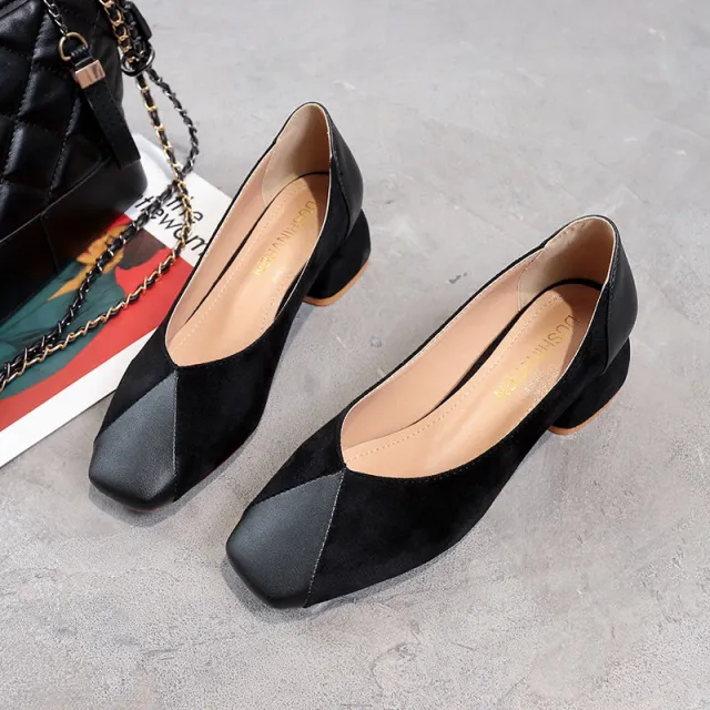 Mid heel chunky heel slip on shoes Black - Shop at LoveMi