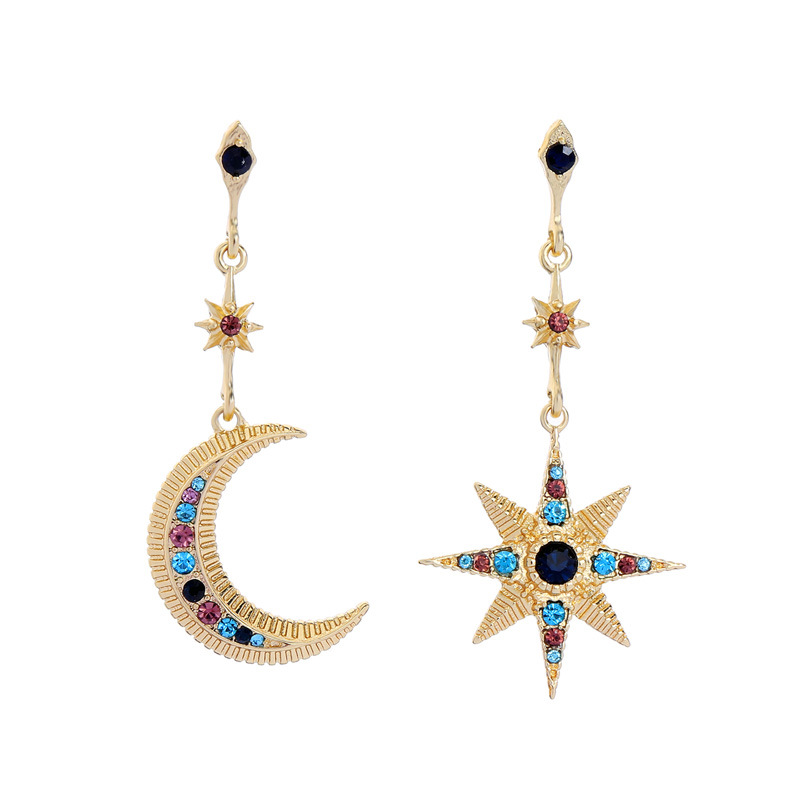 Asymmetrical star moon stud earrings