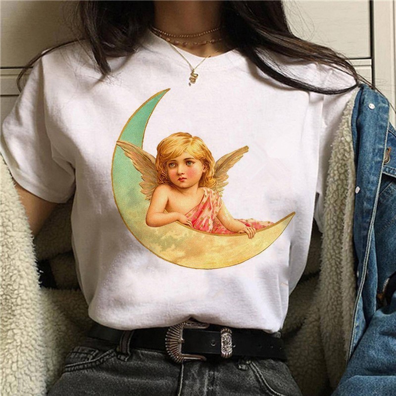 Cute Angel Cartoon Print Casual White Top T-shirt