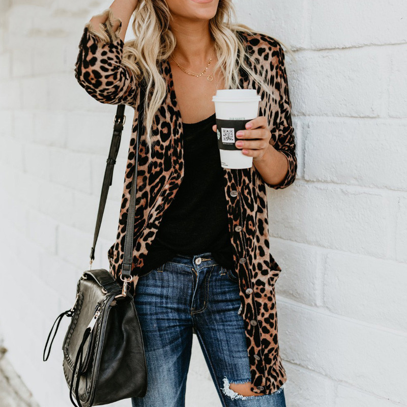Sexy V-neck long sleeve button leopard print jacket