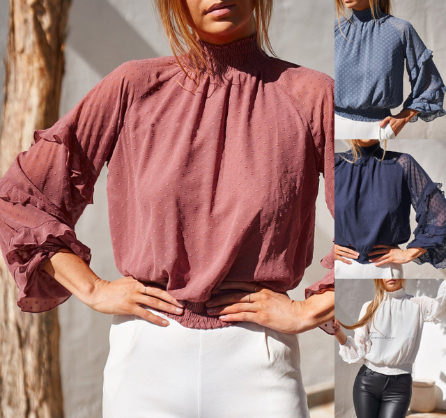 Long sleeve ruffled chiffon T-shirt