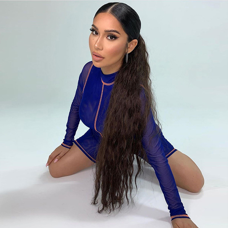 Turtleneck pullover short sleeve sexy see-through jumpsuit