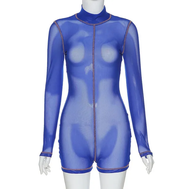Turtleneck pullover short sleeve sexy see through jumpsuit Blue - Shop at LoveMi