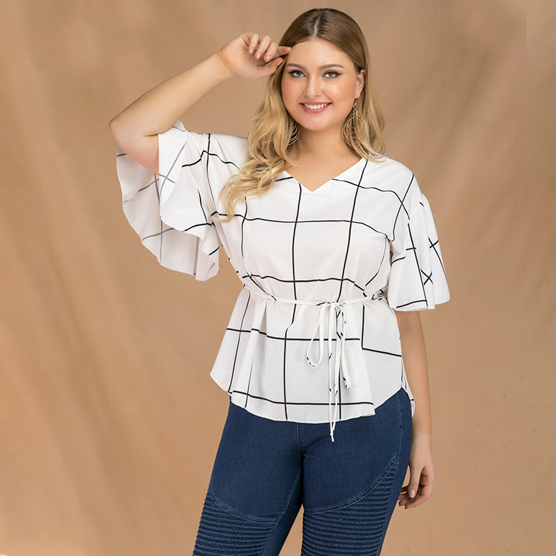 White V-neck flared sleeve plaid shirt