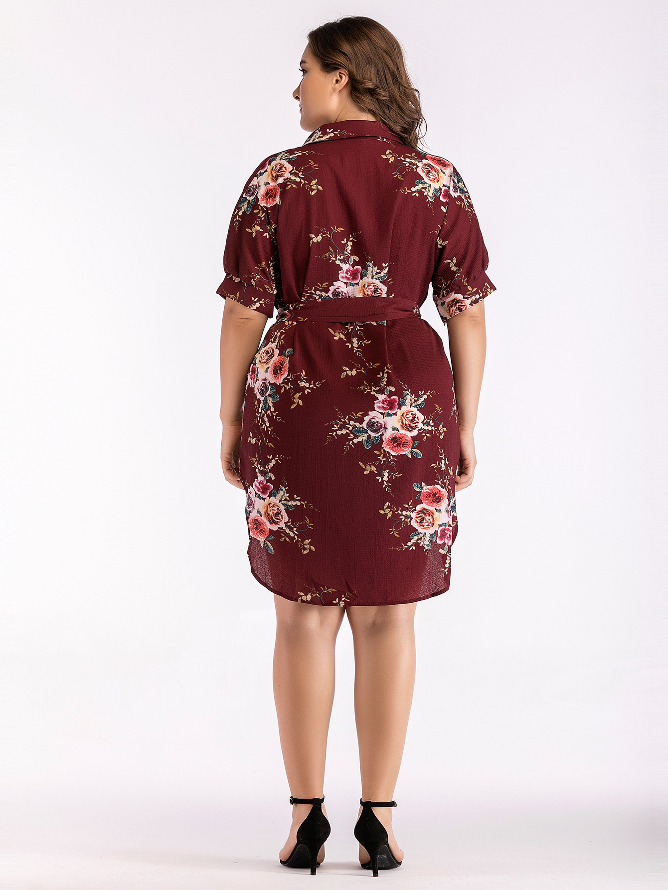 Mid sleeve printed waistband Lapel dress