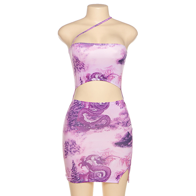 Hanging neck tube top sexy hollow print bag hip dress women