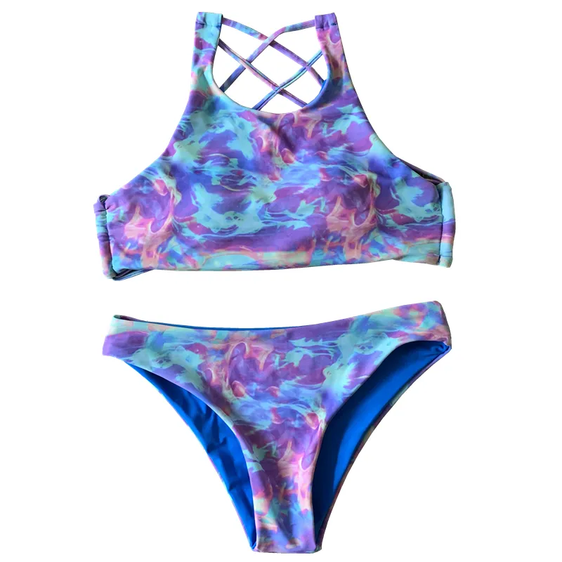 Color printing triangle split bikini color printing - Blue