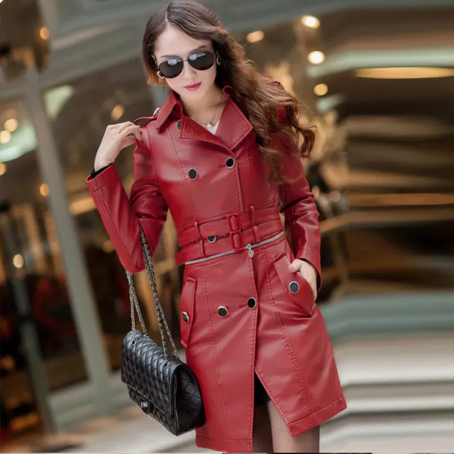 PU leather mid length trench coat Red - Shop at LoveMi