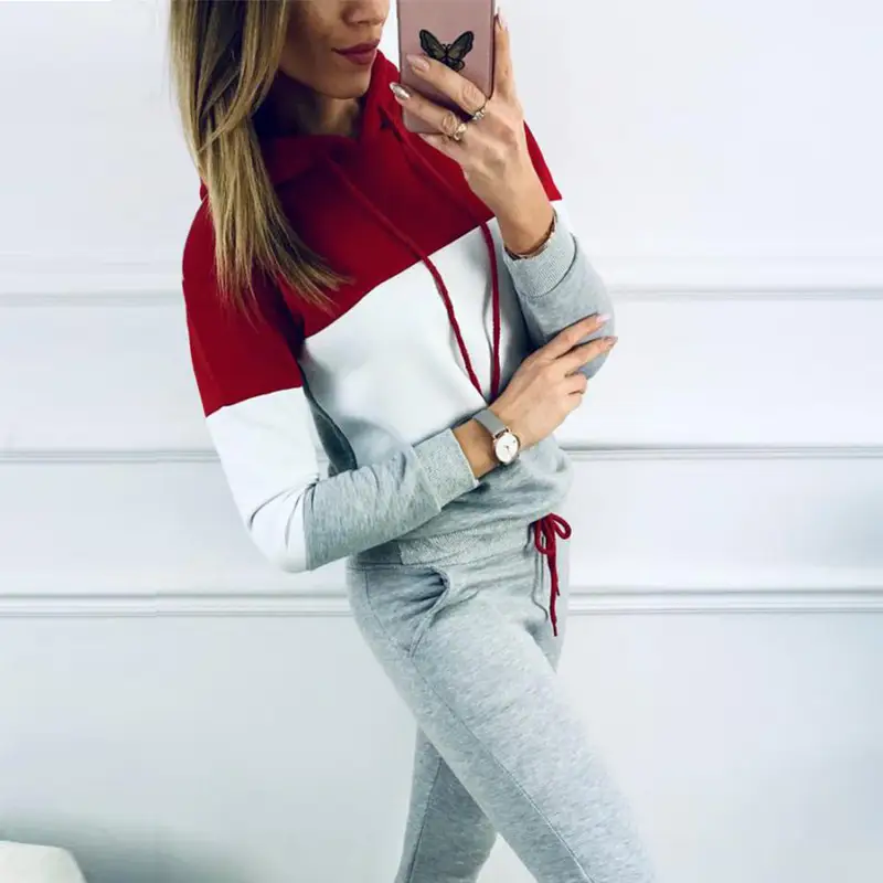 Women's hooded printed leisure sports two-piece sweater