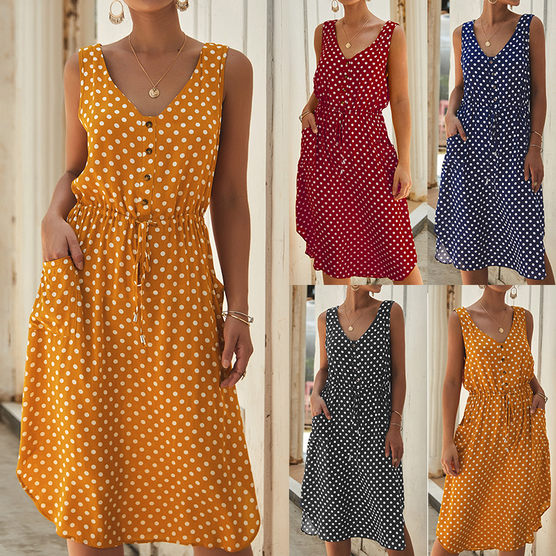 Sleeveless side slit button drawstring polka dot dress