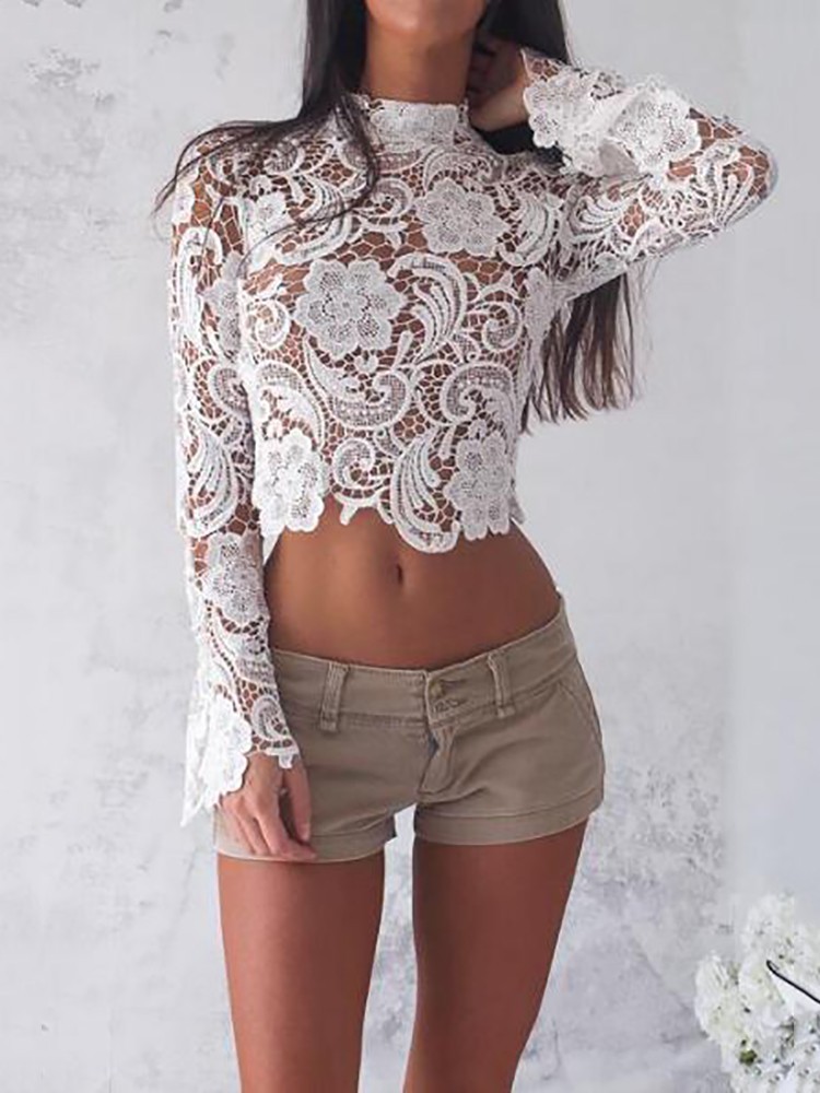 Lace sexy long-sleeved short top