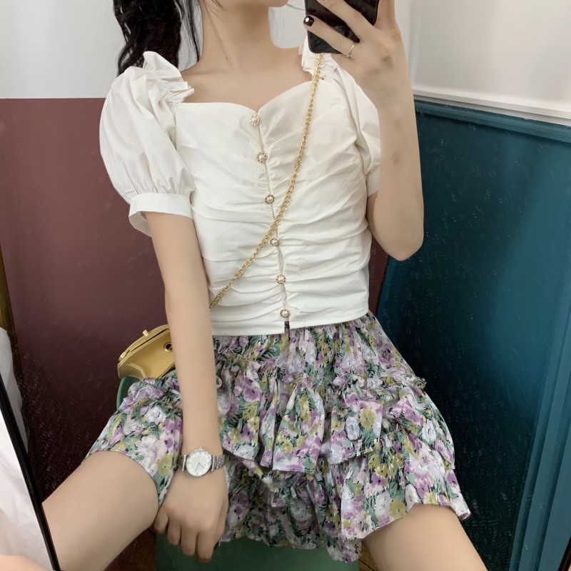 Puff sleeve square collar shirt