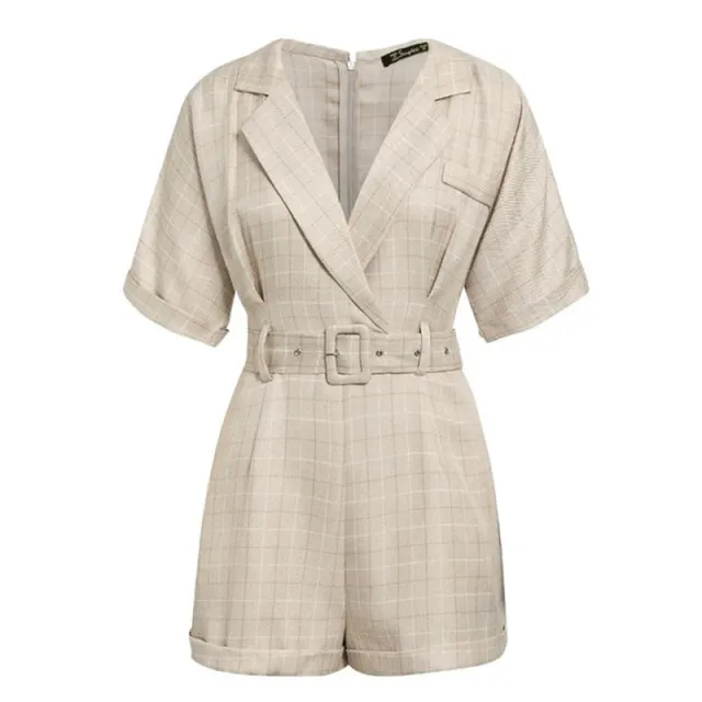 Suit collar jumpsuit check belt casual jumpsuit Light Apricot - Shop at LoveMi