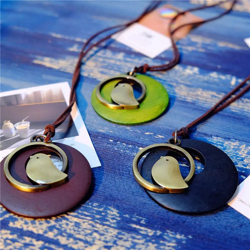 Wooden bird pendant long necklace